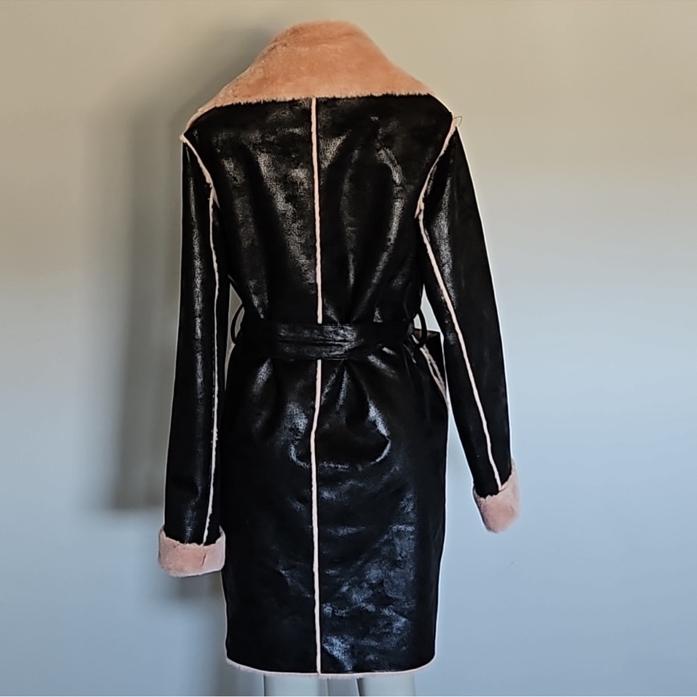 VENUS Black & Pink Faux Fur Lined Belted Coat - Picture 2 of 9